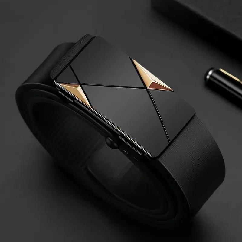 Men's Automatic Buckle PU Leather Belt Business Formal Dress Waist Belt Luxury Gold Geometric Slide Buckle Male Casual Strap