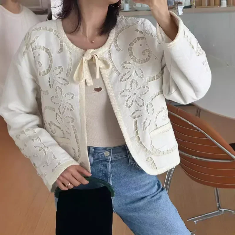 

2024 Women New Autumn White Hollow Pattern Embroidered Round Neck Strappy Cotton and Linen Jacket Short Coat