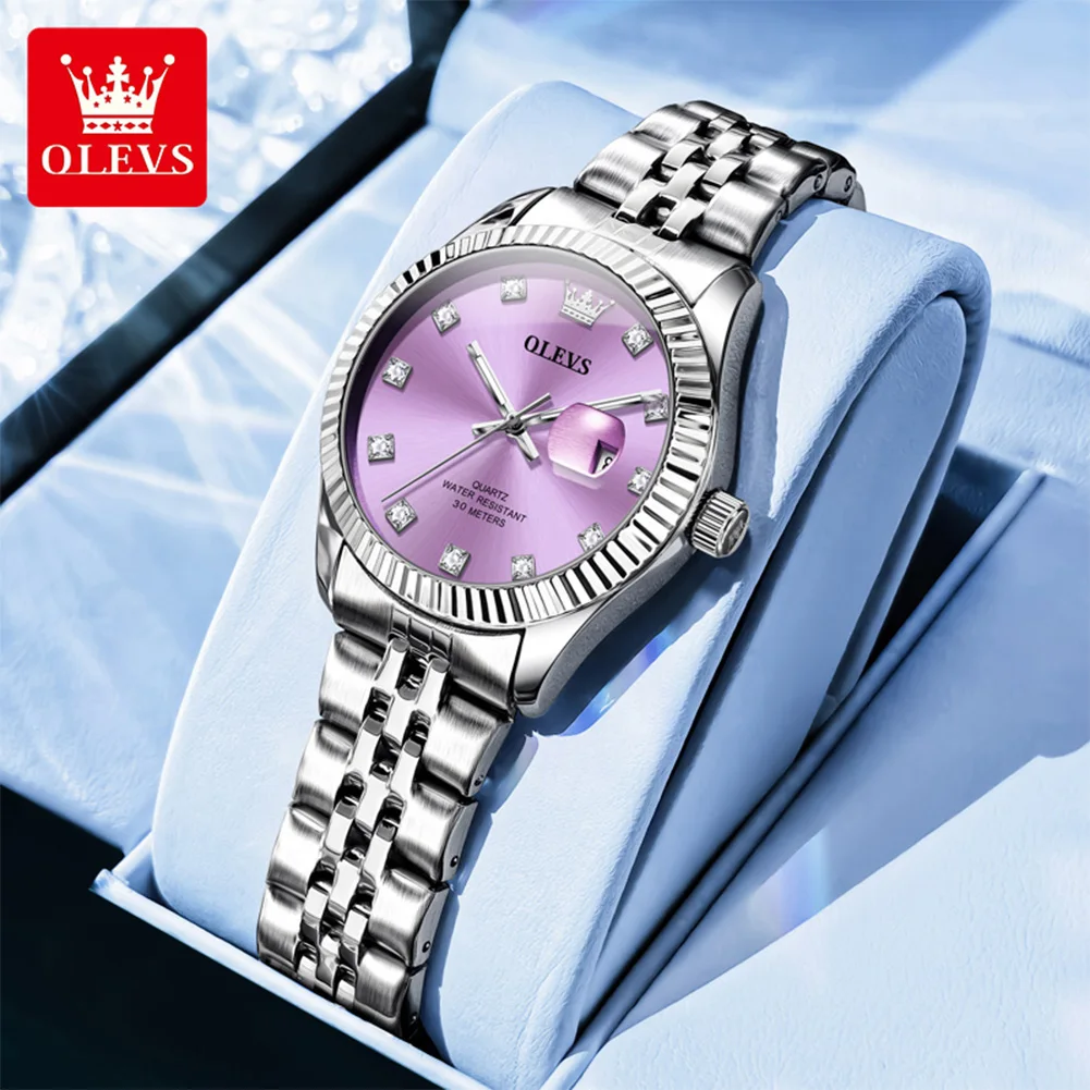 OLEVS 3705 Elegance Women Brand Quartz Movement Watch Sparkling Zirconia Calendar Window Stainless Steel Strap Luminous Watch
