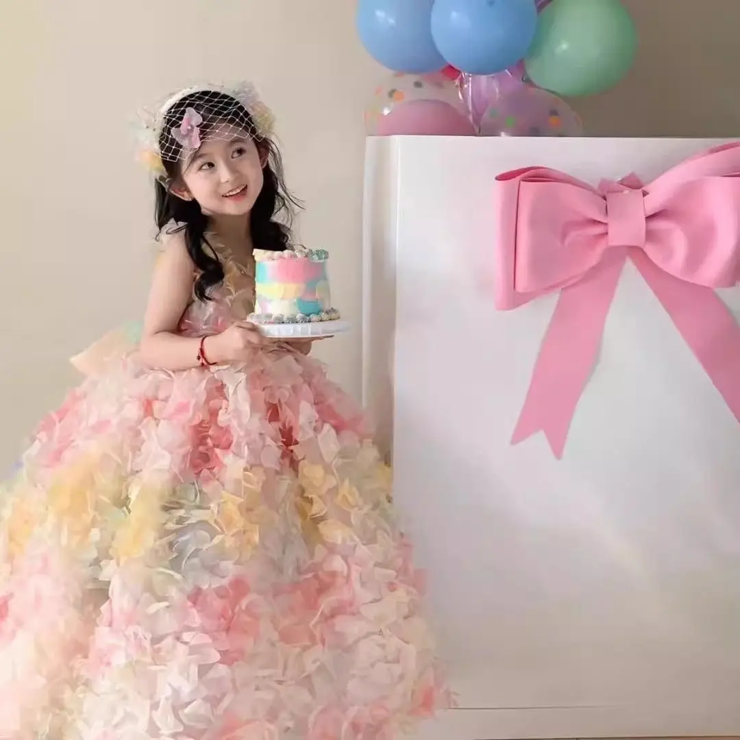 

Летнее милое бальное платье принцессы с цветочным принтом для маленьких девочек, элегантный свадебный торт, многослойный сарафан с открытой спиной, детский праздник на день рождения