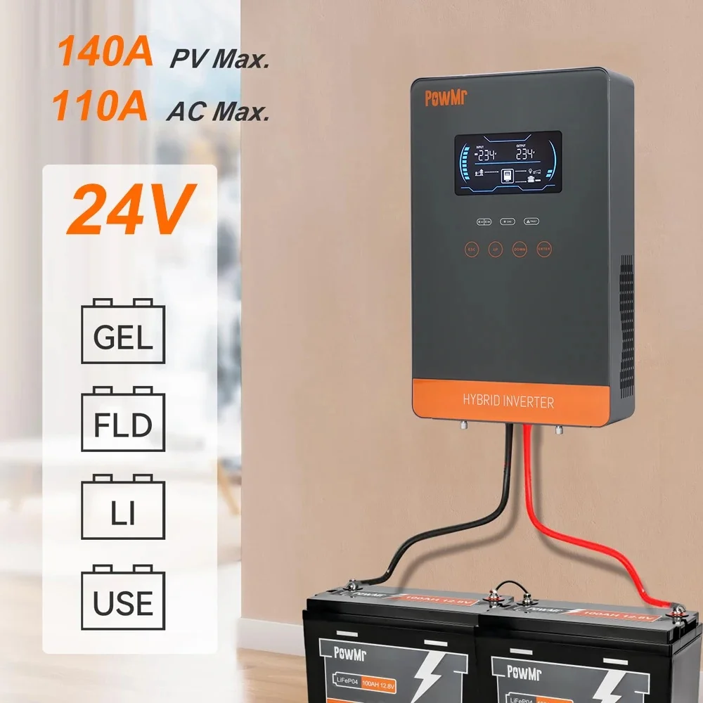 POWMr 4KW 24V Off-Grid Solar Inverter Charger Pure Sine Wave Inverter Built in 140A MPPT Max 5600W PV Wide PV 55 to 350V Li-BMS Comms with LCD Touchscreen Configurable Power Priority for Home RV Inver image 5