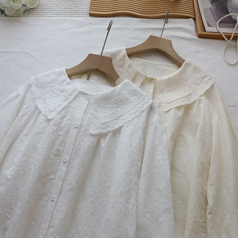 

Sweet Youthful Double Layer Doll Collar Embroidered Long Sve Women's irt Spring Faion Loose Lace Base Top Korean Sle...