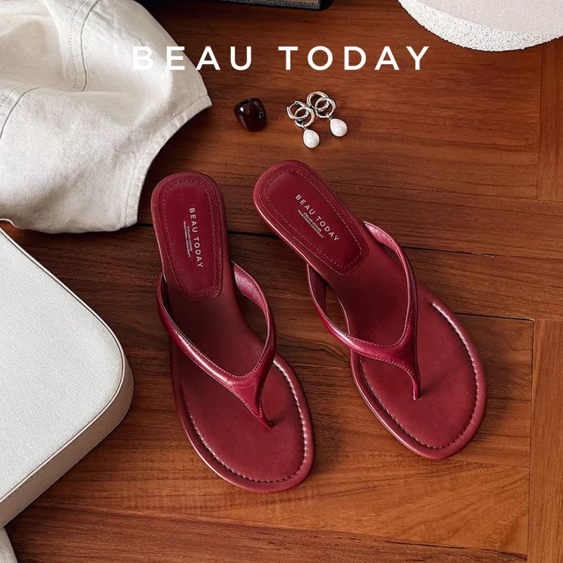 BEAUTODAY Casual Flip Flops Women Sheepskin Leather T-Strap Open Toe Solid Slippers Outdoors Ladies Elavated Retro Shoes 35139