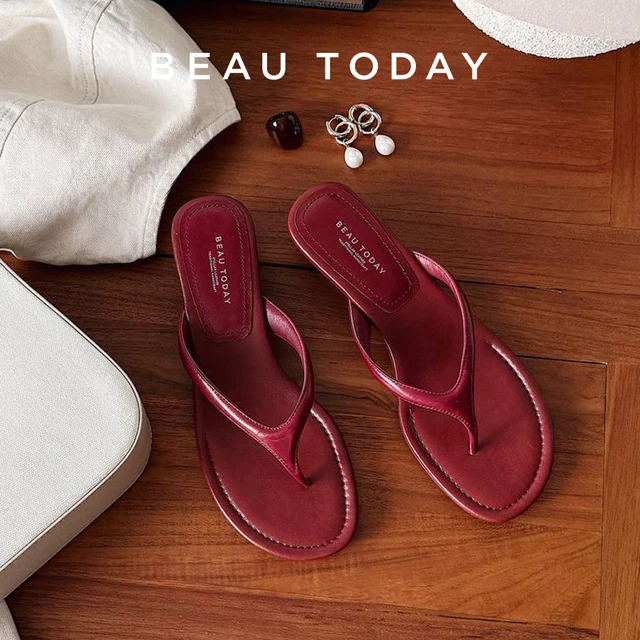BEAUTODAY Casual Flip Flops Women Sheepskin Leather T-Strap Open Toe Solid Slippers Outdoors Ladies Elavated Retro Shoes 35139