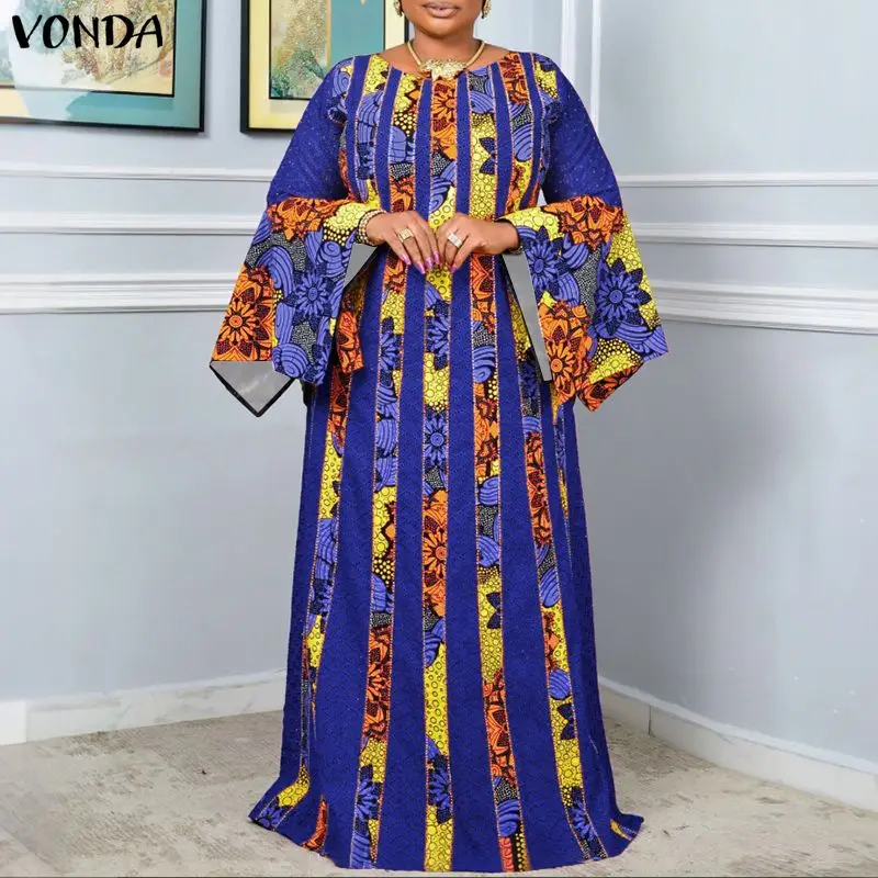 

Плюс размер 5XL VONDA Женские винтажные платья с принтом Длинные расклешенные рукава Богемный халат макси Повседневные свободные осенние вечерние длинные платья