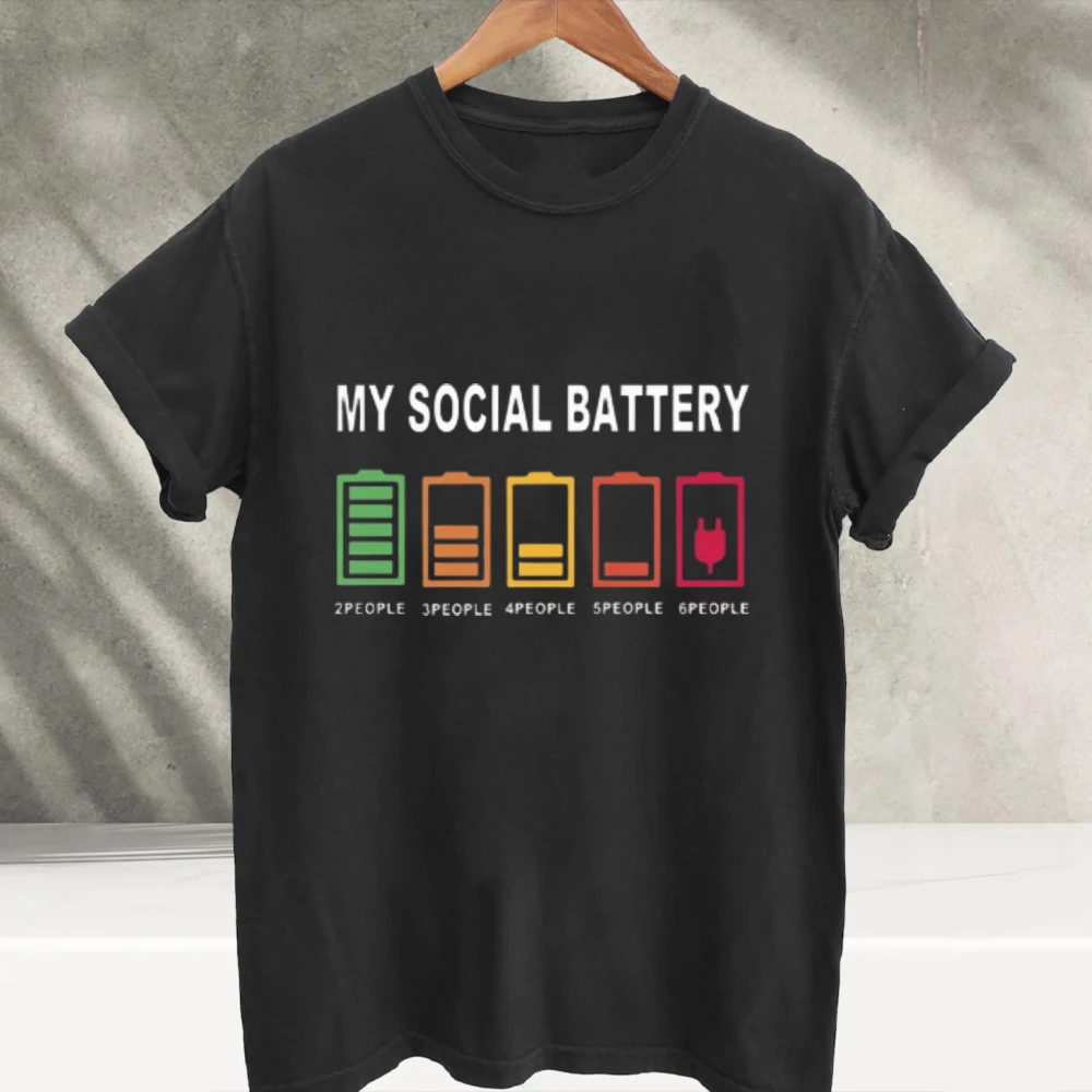 Unisex My Social Battery Funny Introvert Graphic T‑Shirt Colorful Power Level Battery Icon Print O‑Neck Soft Cotton Loose Tees