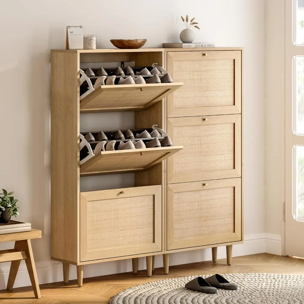 Rattan Shoe Cabinet Narrow Shoe Storage Cabinet with Flip Drawers Hidden Freestanding Shoe Rack Organizer