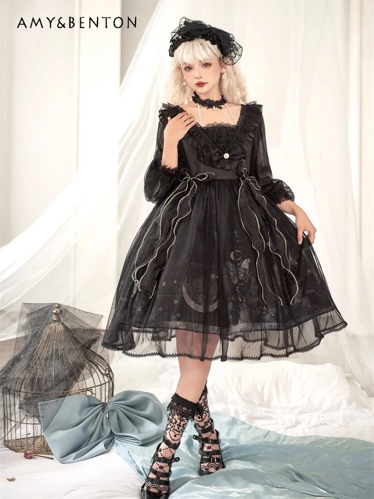 

Lolita Gothic Girl Dress Sweet Cute Bow Mesh Stitching OP Long Sleeve Dress Summer Subculture Harajuku Slim Mid-Length Dresses