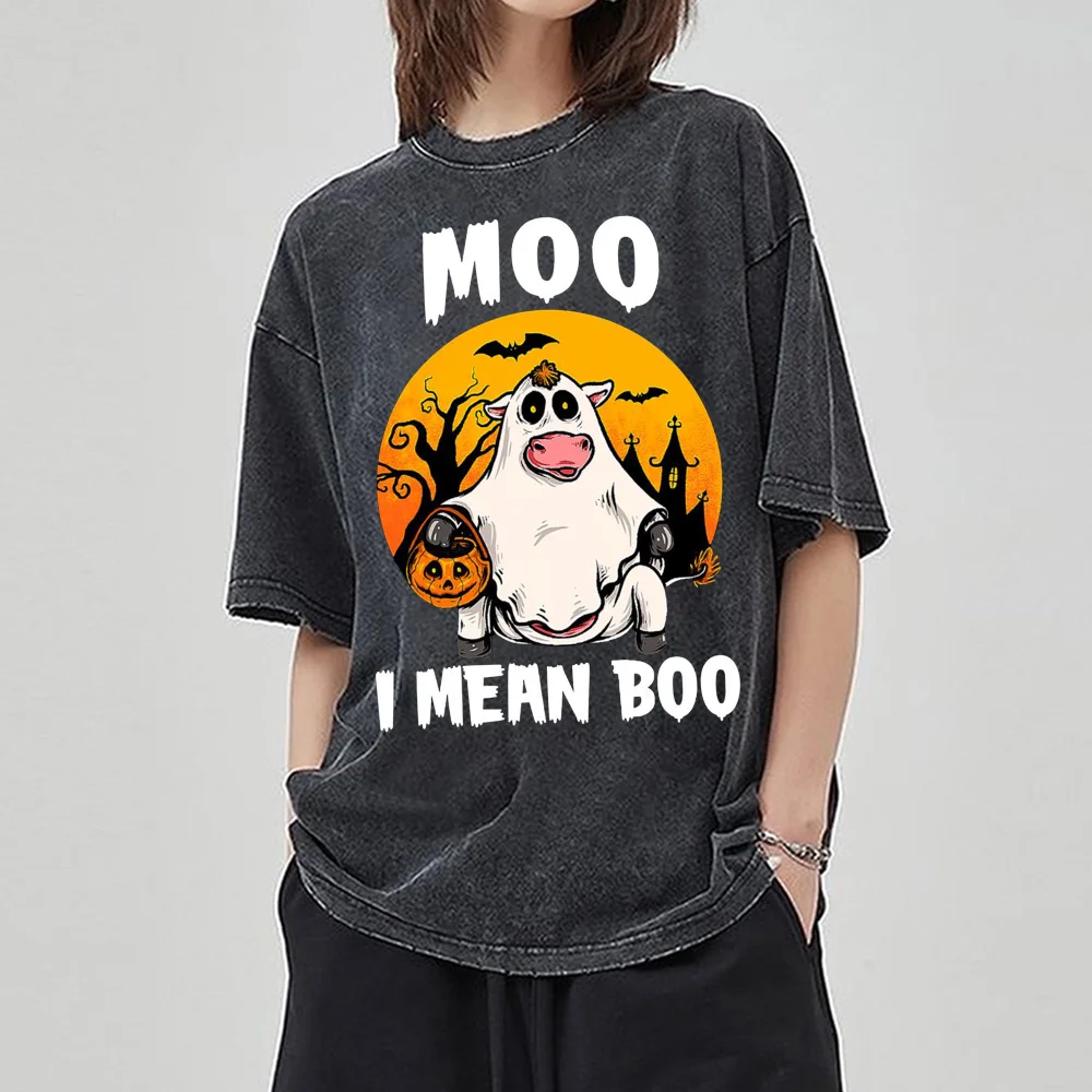 2024 New Halloween Themed Ghost Print Women's Washed T-Shirt Oversized Crew Neck Stretch Short Sleeve Holiday Casual Top Spoof