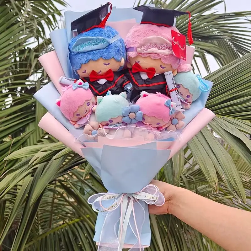 Anime Sanrio Little Twin Star Plush Bouquet With Graduation Hats Creative Cute Handmade Girls Valentine's Day Graduation Gift