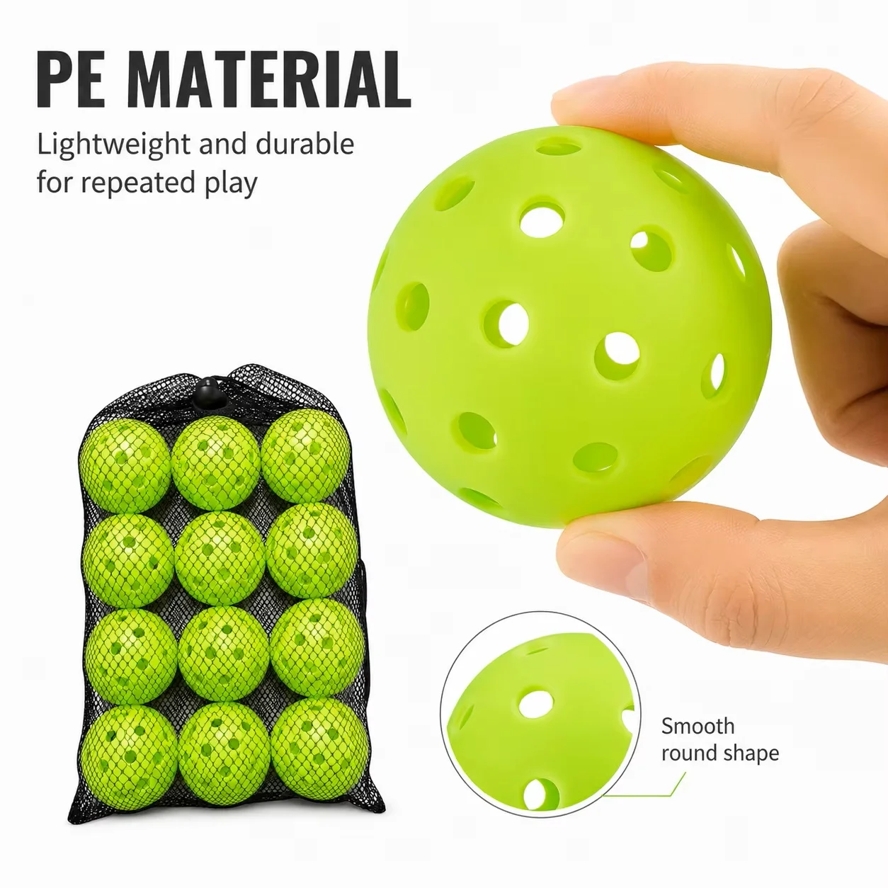 12-teiliges Pickleball-Ball-Set, 74 mm, 40 Löcher, PE-Outdoor-Übungsbälle mit Netzbeutel für Wettkämpfe, Pickleball-Packs. – Detail 5