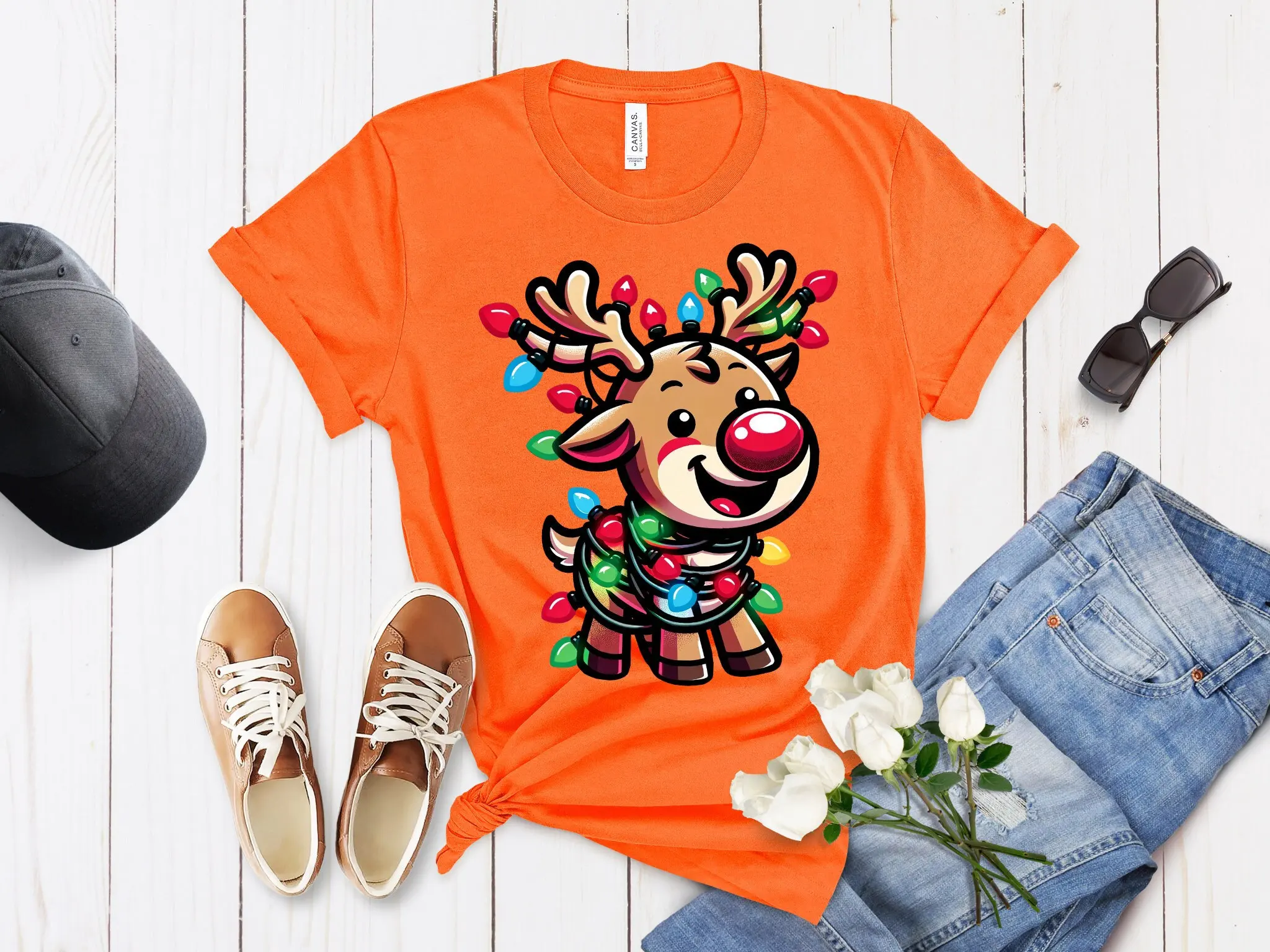 Reindeer Red Nose T Shirt Colorful Xmas Lights DTG Print Festive Holiday Wear for Christmas Apparel