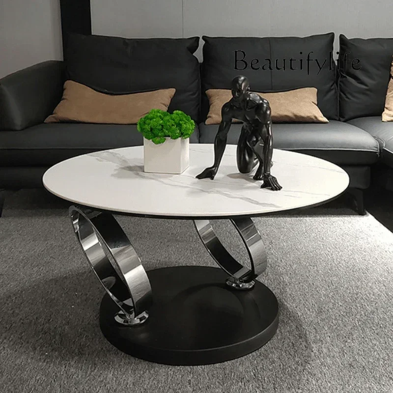 

Italian natural rock slab rotating coffee table small apartment metal modern living room household telescopic round tea tabl