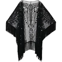 Women's 1920s Shawls and Wraps for Evening Dresses Oversized Sequin Beaded Fringed Wedding Cape cosplay costumes