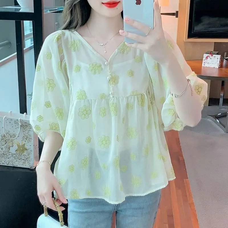 Printing Minimalist Fashion Casual Summer Women's 2024 New Pullover V-neck Spliced Button Loose Comfortable Lantern Sleeve Tops