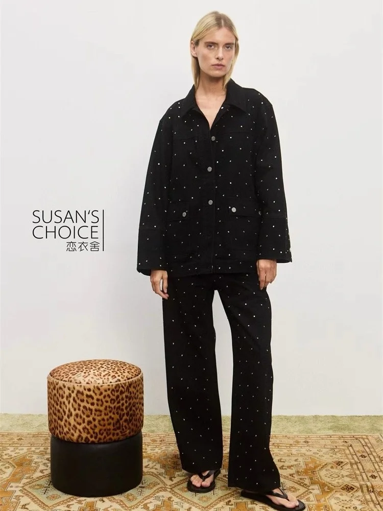 Susan Australian Holiday Sle Long Sve Denim Jaet Pantaloni a gamba larga Set Faion da donna Casual Four Seasons Abito per adulti