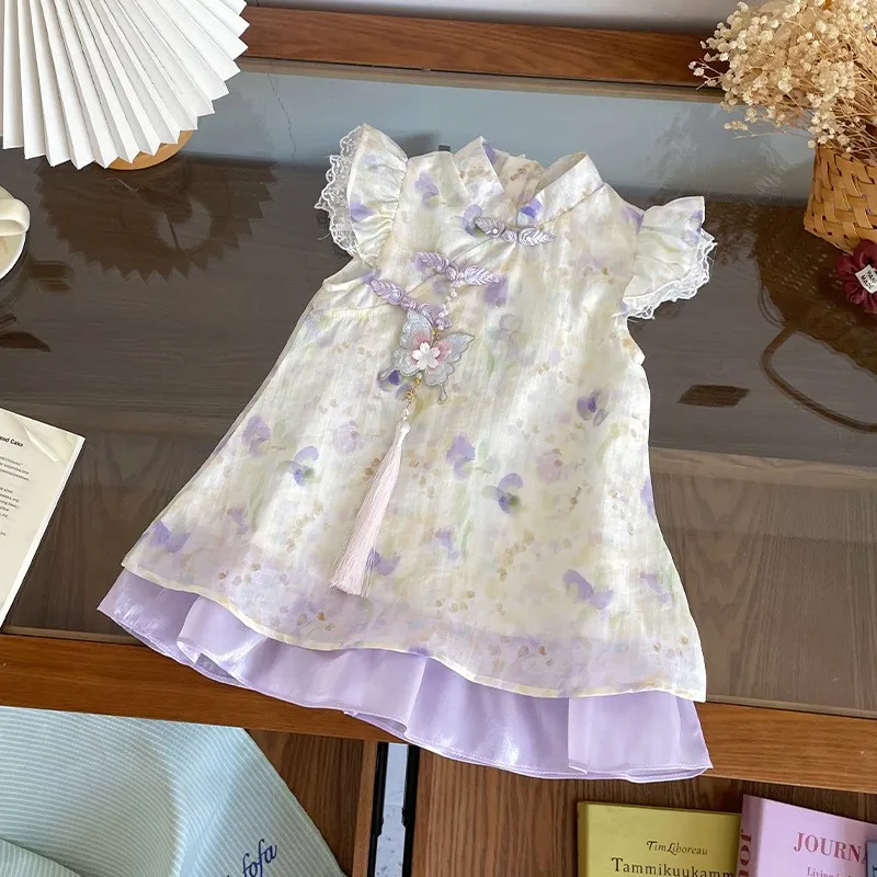 

Children's Summer dress Traditional Chinese style purple flower fringed cheongsam dress for Girls