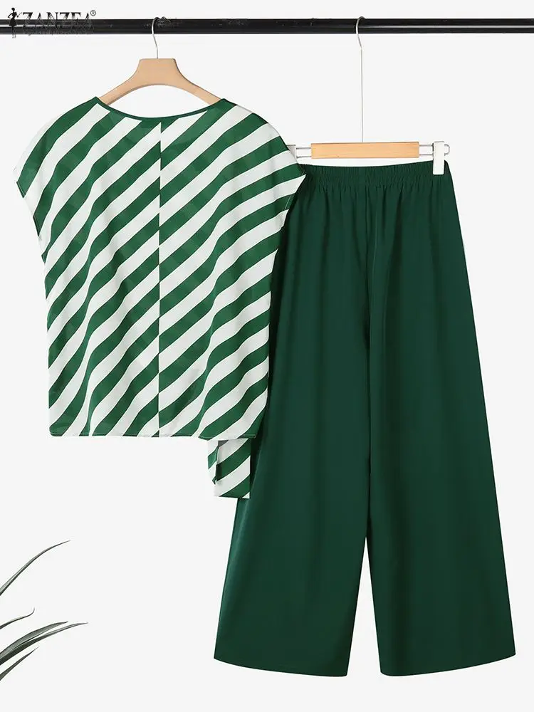 ZANZEA أزياء النساء 2 قطعة ملابس الصيف قصيرة الأكمام مخطط القمم مرونة الخصر بنطال ذو قصة أرجل واسعة عارضة بانت مجموعات أنيقة 2 قطعة #2