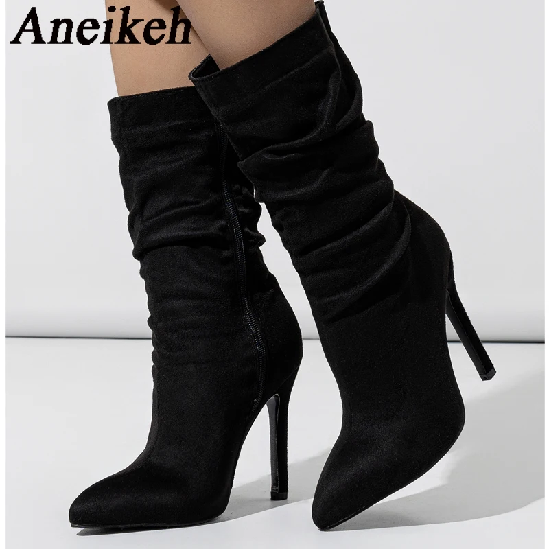 Aneikeh Sexy Pointed Toe Party Stripper Dance Heels Fashion Pleated Ankle Boots For Women Autumn Stiletto Shoes Chelsea Booties