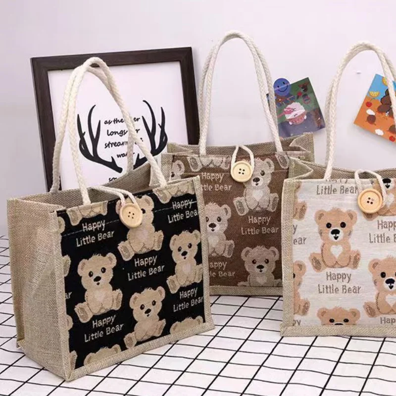 Linen handbag. Cute bear pattern printing, Japanese and Korean style, lunch box and lunch bag for office workers