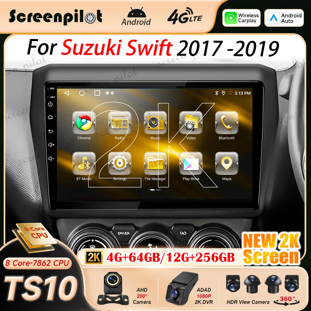 Android 16 Car Carplay  Auto For Suzuki Swift 2017 2018 2019 2020 2021 2K QLED Multimidia Player GPS Radio Stereo 8 Core CPU RDS