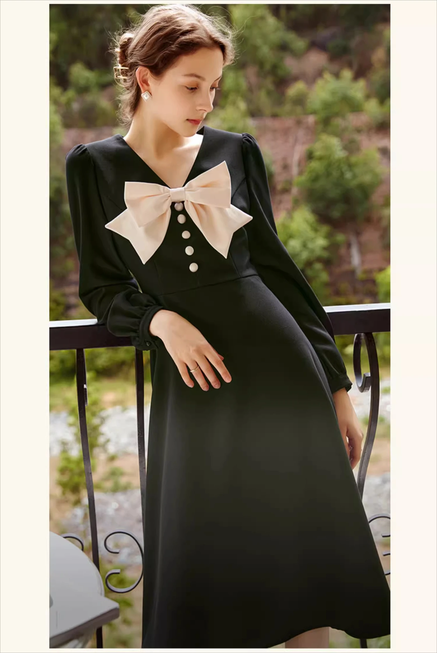 OLrain Black Hepburn Style Black Dresses Women 2025 Spring Summer Spliced Chic Bow V Neck Long Sleeve Elegant Dress O21QL55631