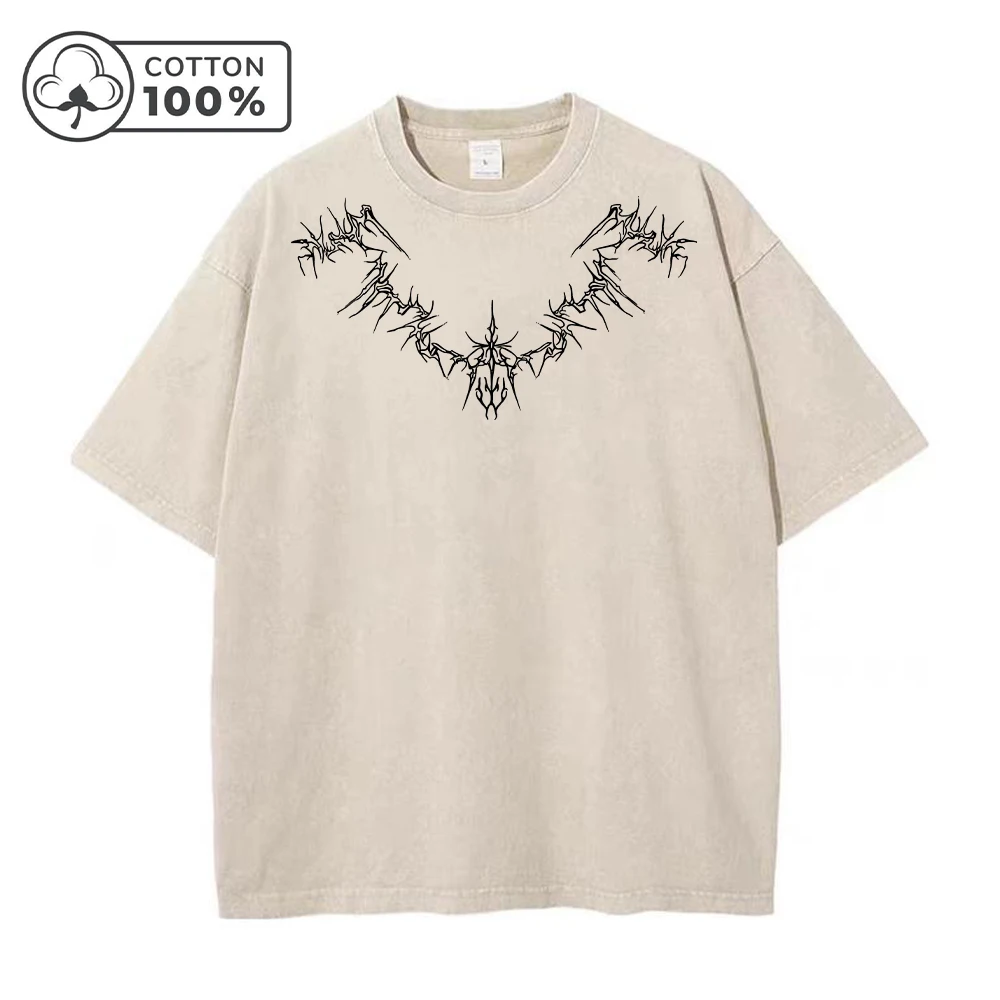 Men's Personalized Thorn Print Washed T-Shirt Retro Distressed Casual Pure Cotton Crew Neck Short Sleeve Summer Commute Loose To
