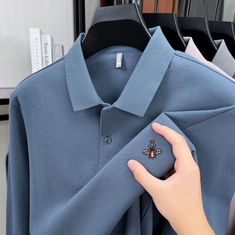 Fashion bee embroidery long sleeve 100%cotton polo shirt men's high-end brand skin friendly comfort solid color new item T-shirt