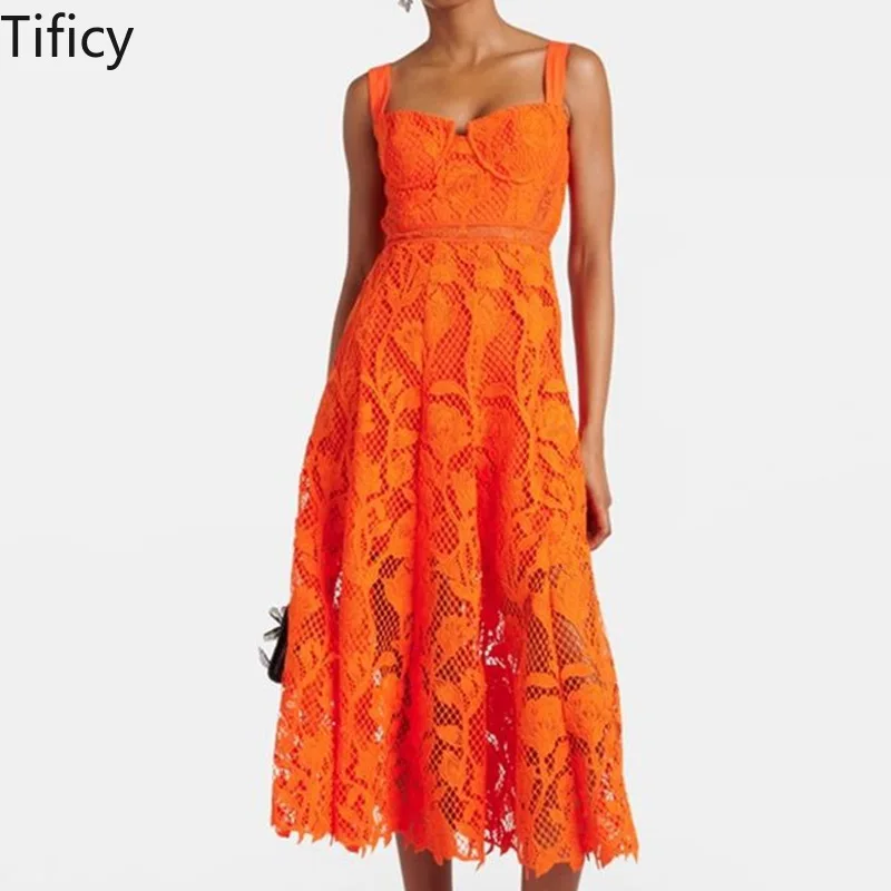 

TIFICY Women's Summer New Quality Lace Water-soluble Flower Elegant Temperament Slim Fit Waist Slimming Camisole Vest Dress