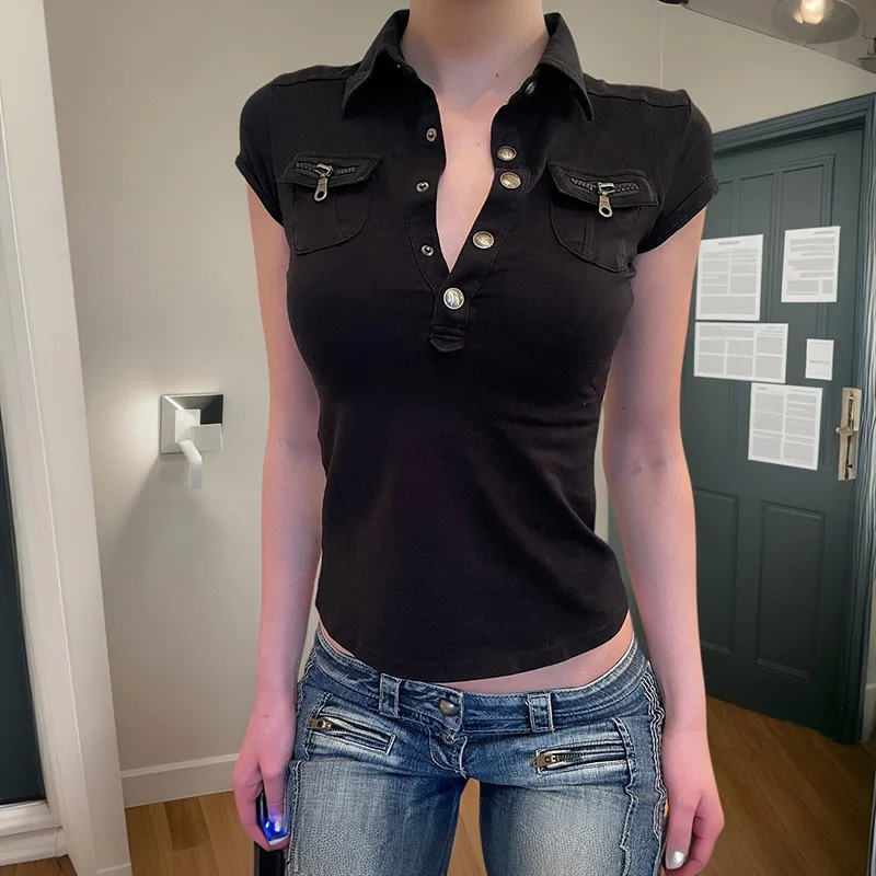SUCHCUTE Women Y2K Lapel Collar Short Sleeve T-Shirt Button Slim Cropped Top With Zipper Pockets Vintage Gothic Casual Tee Chic