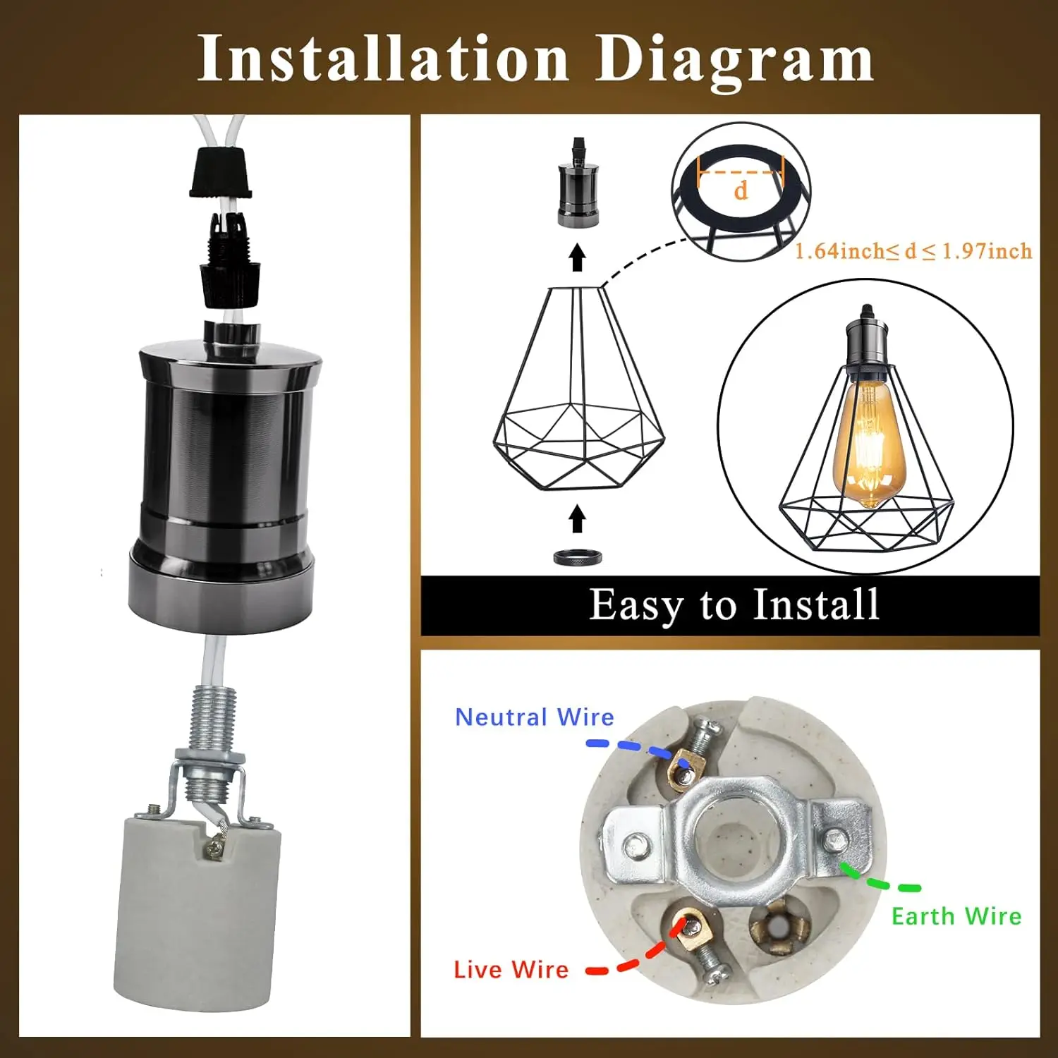 Vintage E26 Lamp Socket,Edison Pendant Light Socket Replacement, Antique Hanging Lamp Holder for Industrial,Decorative,DIY Light