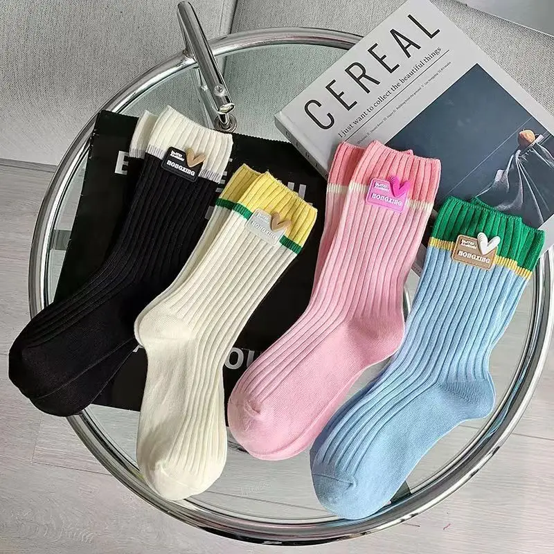 4 pairs of women's cotton spring summer mid length socks niche style sweat absorbing simple comfortable casual socks