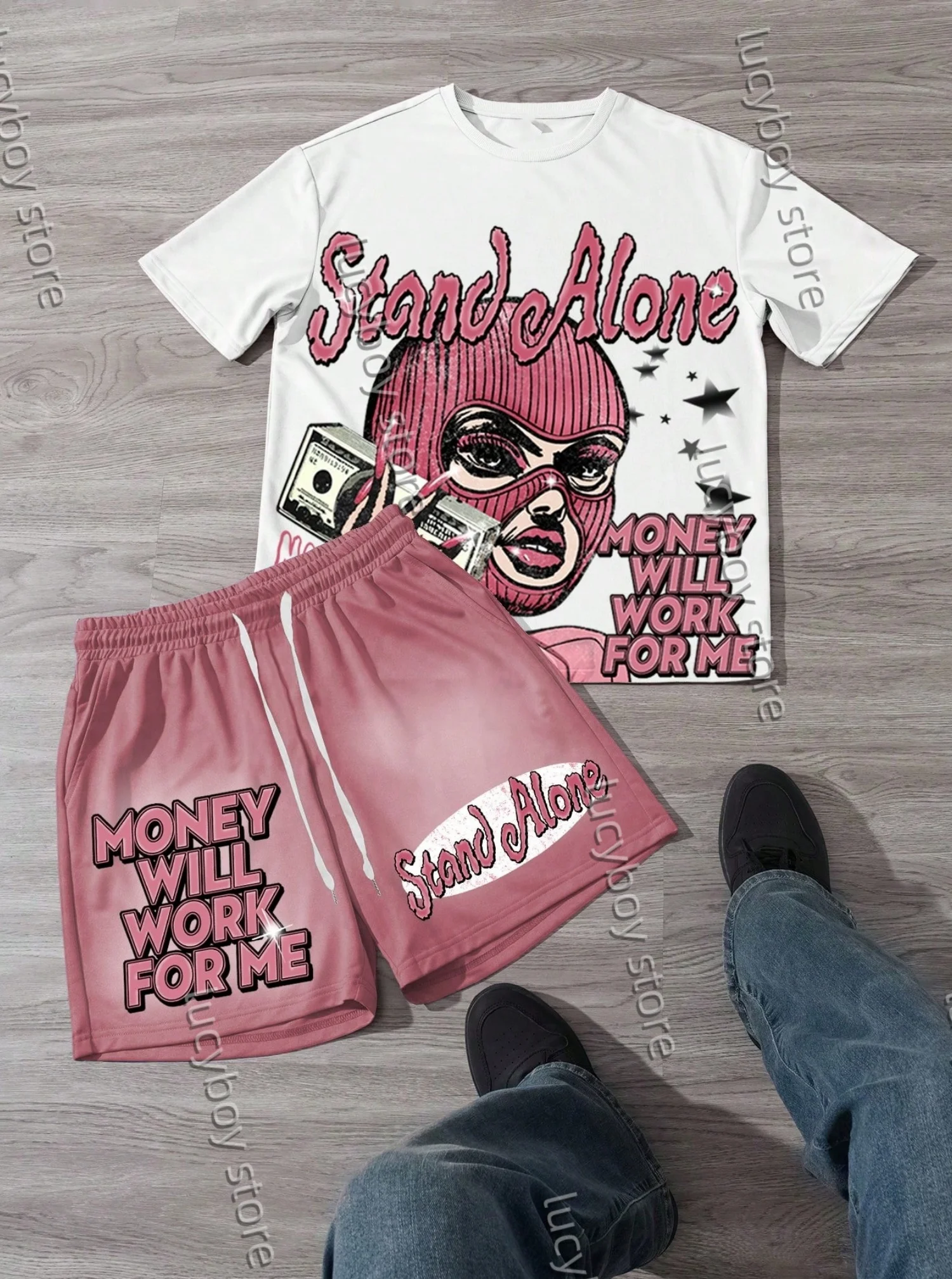 MONEY WILL WORK FOR ME Printed Sport T-shirt+shorts Suit Set Menn Tracksuit MENS plus size tracksuit 2 Piece Set Clothes