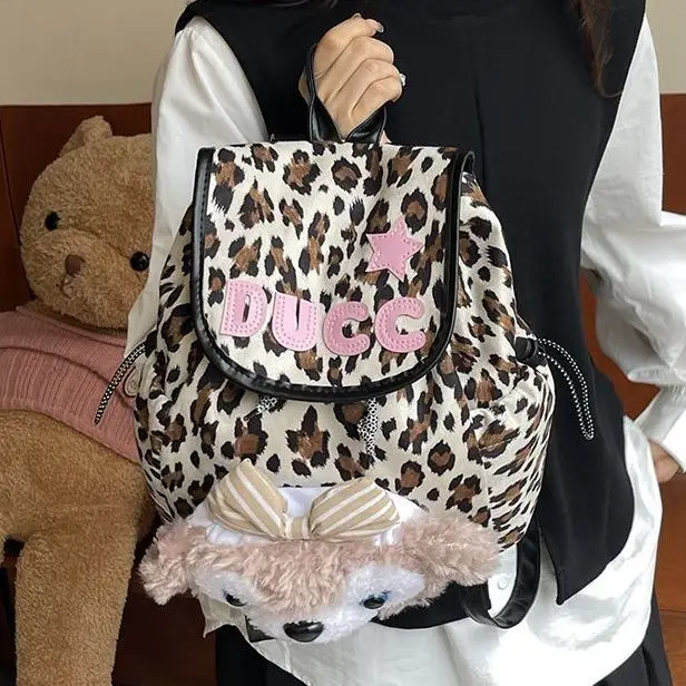 

Harajuku Hot Girl Leopard Print Backpack Women Cute Cartoon Letter Patch Handbag Ladies Large Capacity Y2k Sweet Mochilas Mujer