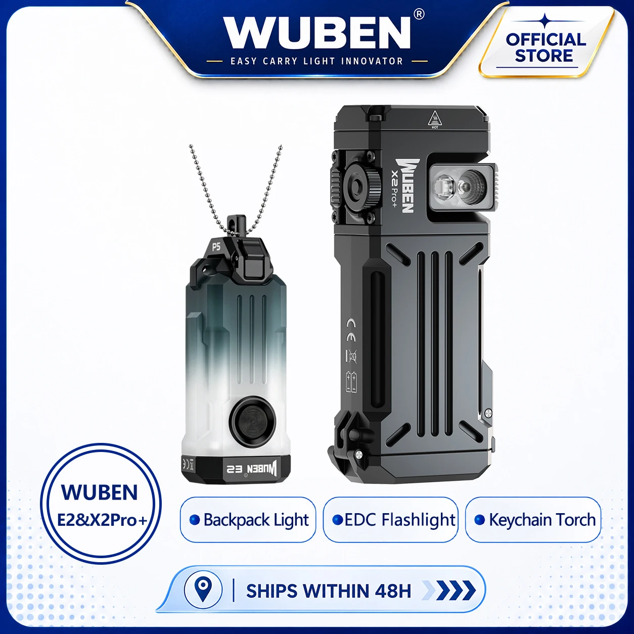 Wuben E2 & X2Pro+ EDC Flashlight Rechargeable with P5 Flashlights Accessory Mini LED Pocket Torch Magnetic Flat Keychain Torches