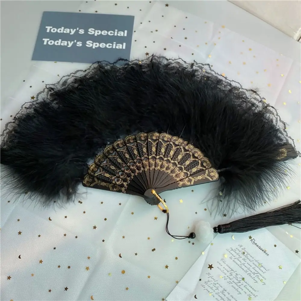 Retro Faux Feather Fan Handheld with Tassels Pendant Artificial Feather Fan Spanish Style Folding Fan Bachelorette Party