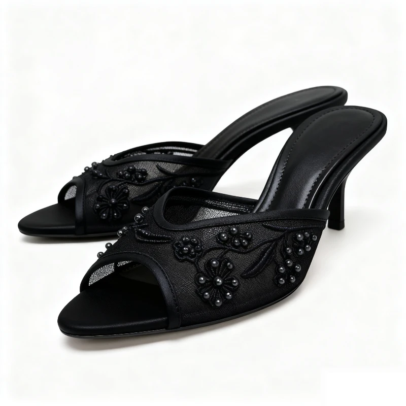 

Mesh Embroidery String Bead Slippers Women Sexy Peep Toe Thin Heel Slide Sandals 2026 Summer New Styles Designer Shoes for Women