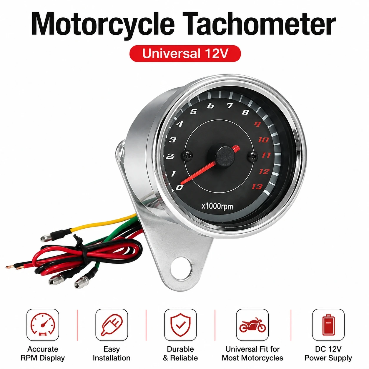 Retro Motorcycle Tachometer 12V LED Backlight RPM Gauge, 2 Colors Option, Engine Speed Meter For Ducati Universal