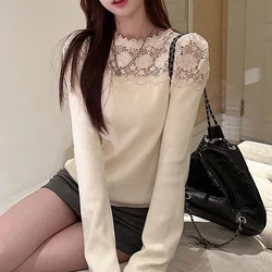 Spring Autumn New Round Neck Long Sleeve Fashion Sweater Women High Street Lace Patchwork Pullovers Vintage Elegant Chic Tops