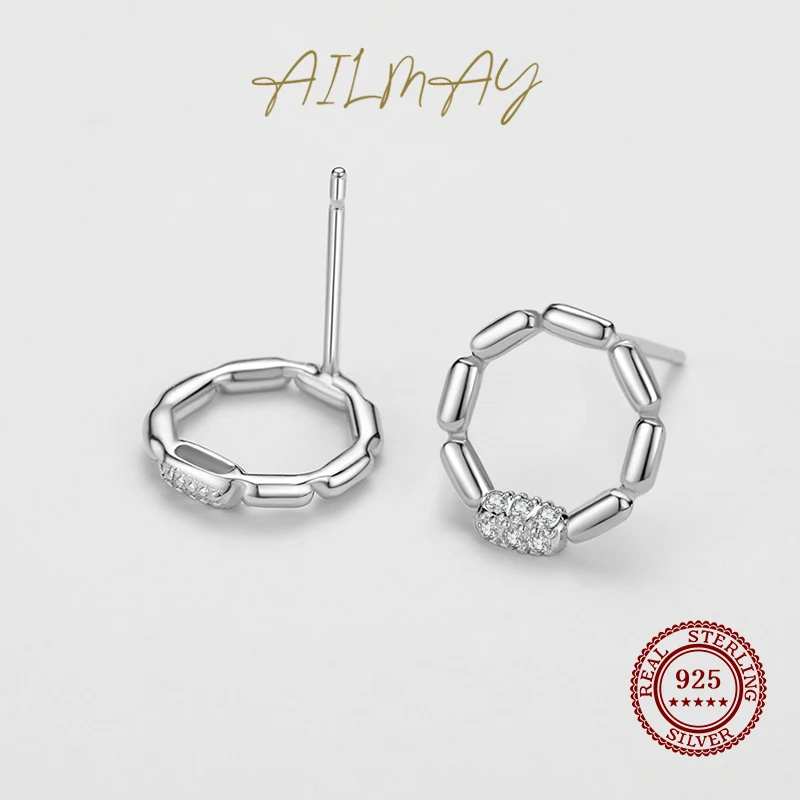 Ailmay Round Shining CZ Stud Earrings 925 Sterling Silver Irregular Geometric Design Earrings For Fine Female Fashion Jewelry
