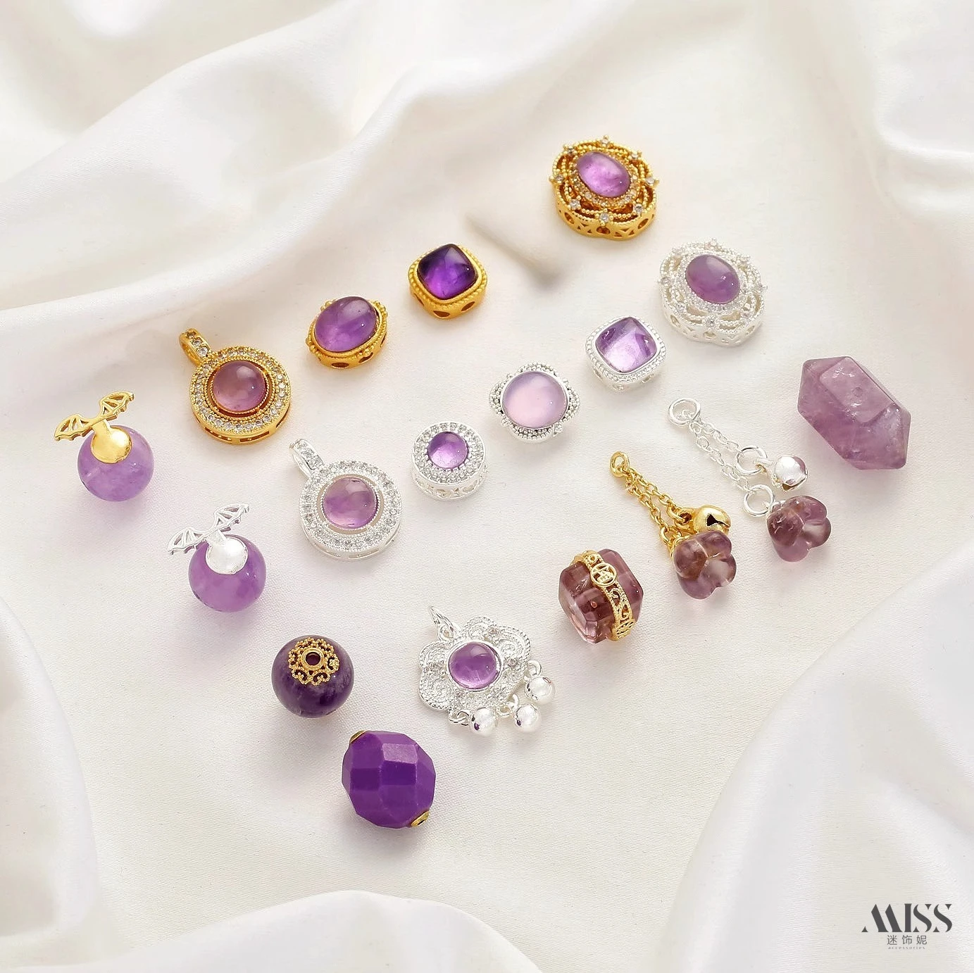 Inlaid Natural Amethyst Plated Real Gold Thick Silver Angel Osmanthus Dripping Fancy Bead Pendant DIY Jewelry Accessories