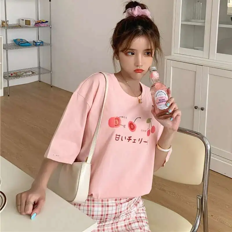 Summer Women Cartoon Avocado Strawberry Printing Tshirt Fruit Pattern Cute Clothes Female Casual Loose T-shirt Daily Streetwear