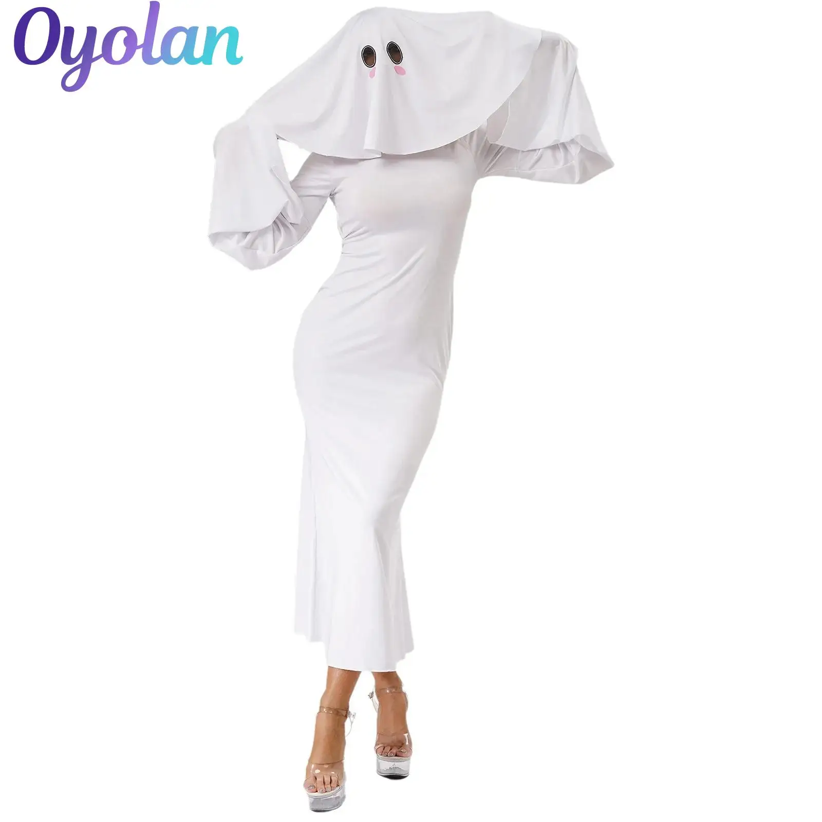 

Women Anime Ghost Costume Long Flared Sleeve Lace-up Back Dress with Head Cover and Sash Mask Halloween Cosplay Dress Up Outftit