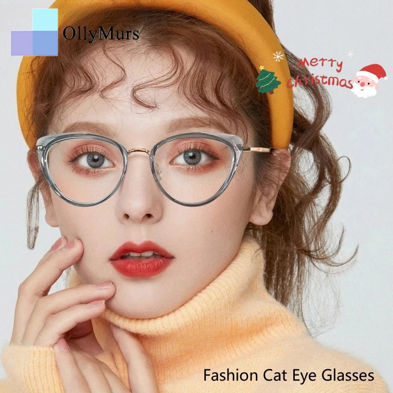 

OLLYMURS Trendy Custom Cat Eye Glasses Prescriptions for Women Blue Light Blocking Frame Ultralight Re Alloy Optical Eyeglasses