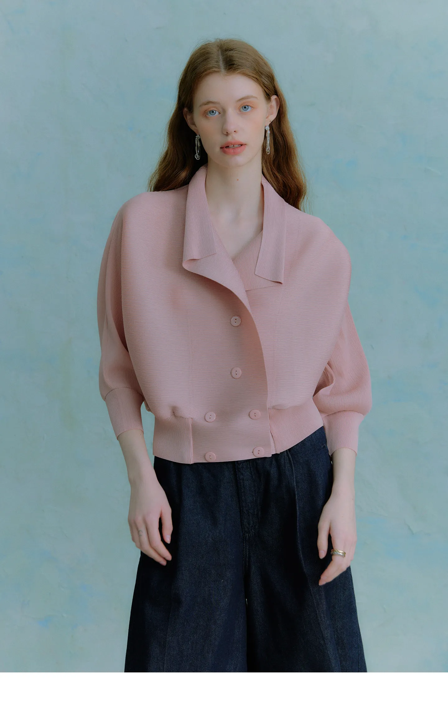 Miyake Plissierter Fledermausärmel-Cardigan für Damen, offene Vorderseite, kurze Jacke, leichte, lässige, elegante Bürojacke, rosa Oberbekleidung – Detail 7