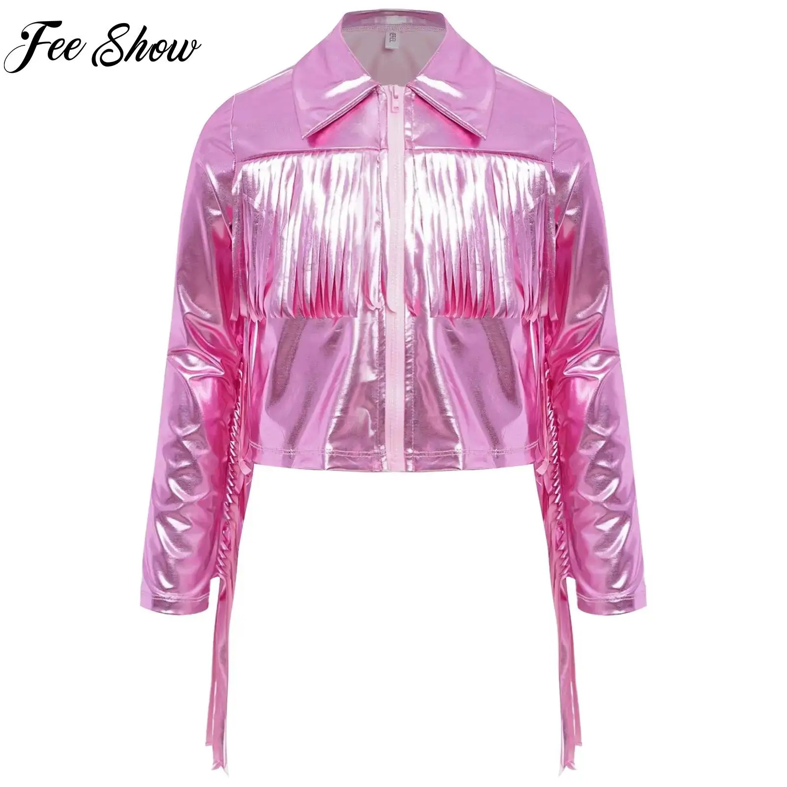 

Kids Girls Latin Jazz Dance Costumes Tops Long Sleeve Tassels Metallic Jacket Tango Samba Stage Performance Dancewear Streetwear