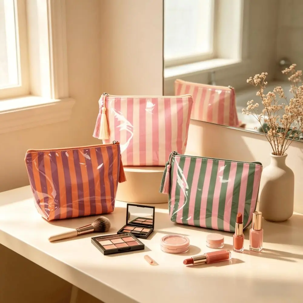 Multipurpose PVC Cosmetic Bag Striped Glossy Makeup Organizer Tassel Pull Waterproof Travel Pouch Daily Use
