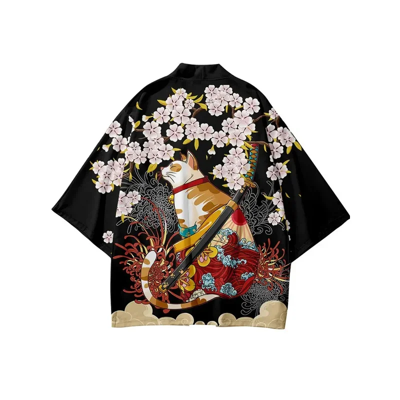 WU01 Flower Cat 3D Graphic Print Men's Spring Summer Shirt, Japanese Kimono, Retro Men's Casual Cardigan Top, Creative GiftJk5*！