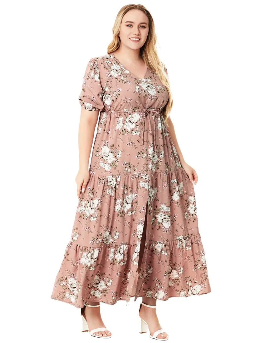 

Fashion Summer Dresses 2024 for Women Maxi Long Dress Short Sleeve Women's Elegant Clothing Womens Pink Green Floral Clothes