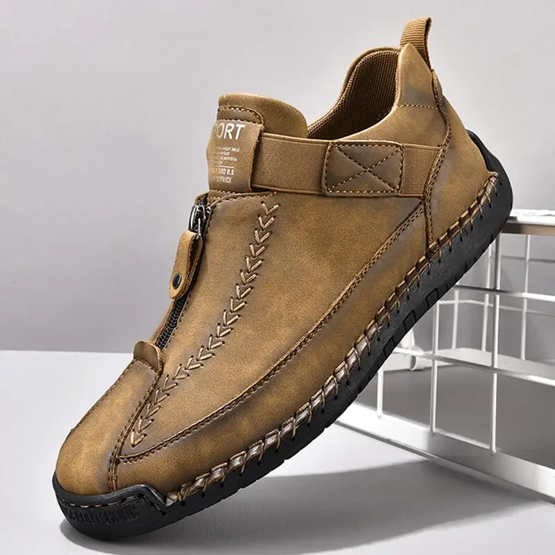 

New 2025 Handmade Leather Men Shoes Zipper Design Sneakers Breathable Men's Flats Casual Shoes Outdoor Men Ankle Boots Plus Size